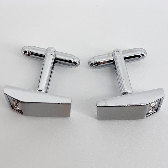 Men's Cuff Links Silver Tone Three Rhinestones Cylinder Back Toggle Fashion - Picture 5 of 13